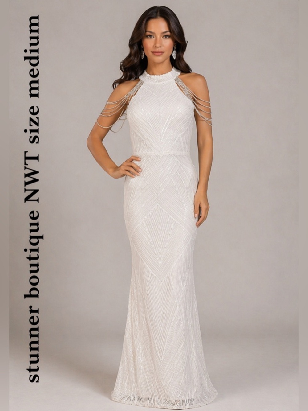 NWT Stunner Boutique White Sequin Maxi Dress with Beaded Shoulder Detail - M